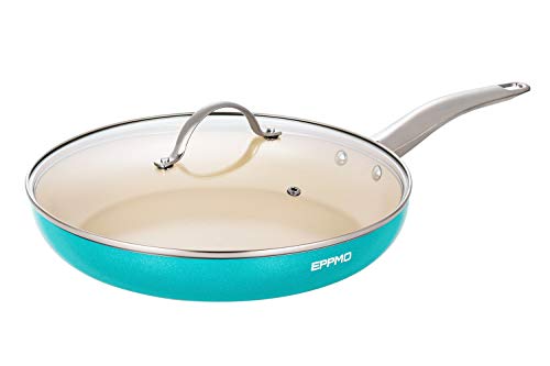 EPPMO Sartén Antiadherente de Aluminio 28cm sin PFOA, Sartén de Cerámica Resistente a Alta Temperatura con Tapa. Apto para todo tipo de Cocinas incluido Inducción, Azul Tiffany, Saltear Freir Asar