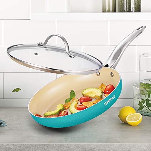 EPPMO Sartén Antiadherente de Aluminio 28cm sin PFOA, Sartén de Cerámica Resistente a Alta Temperatura con Tapa. Apto para todo tipo de Cocinas incluido Inducción, Azul Tiffany, Saltear Freir Asar