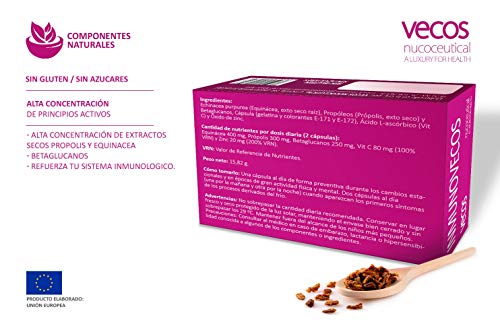 Equinácea con propóleo para reforzar el sistema inmunológico – Vitamina C, betaglucanos y zinc para proteger nuestro sistema respiratorio contra los cambios estacionales – 30 cápsulas