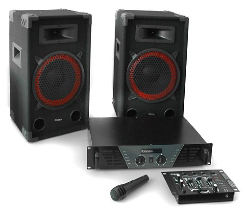 Equipo Sonido DJ Ibiza 300 Set 2X Altavoz PA (Amplificador 480W Potencia, Altavoces 400W, Mesa Mezclador 2-3 Canales, microfono dinamico, Cables de conexion)