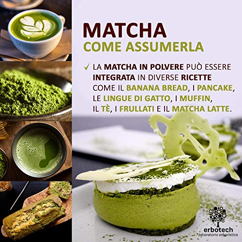ERBOTECH Té Matcha/Polvo de té verde japonés 100g, Multivitamínico 100% natural, Calidad Premium, Vegano, Hecho en Italia. Ideal para pasteles, batidos, té helado