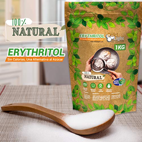 Eritritol 100% Natural Envase Ecologico 1Kg Edulcorante Cero Calorias. Ideal para Reposteria, y Dietas. DulciLight el Sabor Natural del Azúcar.
