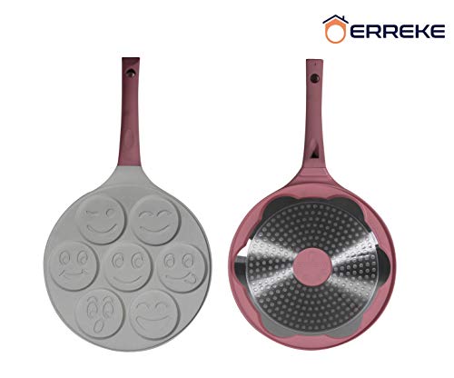Erreke - Sartén para Tortitas, Molde Tortitas, Todo Tipo de Cocinas Incluso Inducción, Antiadherente, Diseño Caritas, Mango Tacto Suave, Infantil y Divertido, Tamaño 26 cm, Color Rosa