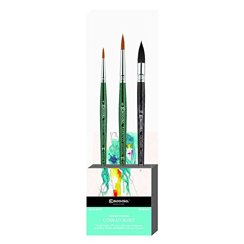 ESCODA Set 3 Pinceles Acuarela - N.4,8 Redondo Punta N.10 Mop Pelo Sintético Set Conrad Roset Serie Barroco Ultimo Profesional Brochas Fabricado a Mano en España.