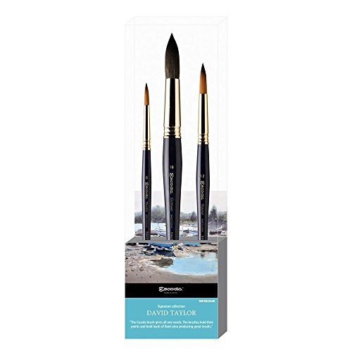 Escoda Set 3 Pinceles Acuarela - N.8,12,18 Redondo Punta Pelo Sintético Set David Taylor Serie Prado Ultimo Profesional Bellas Artes Brochas Fabricado a Mano en España.