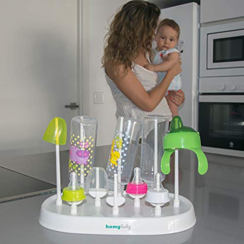 Escurre biberones Homybaby | escurridor de biberones para secar biberones y accesorios | higiénico y práctico para después de lavar biberones | incluye limpia biberon | seca biberones color blanco