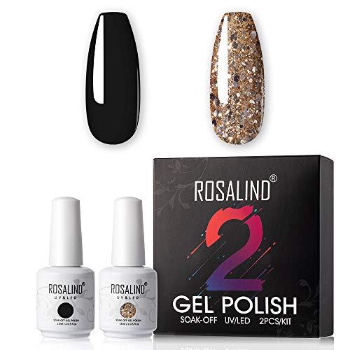 Esmalte Semipermanentes de Uñas en Gel UV LED 2 Color Brillo Dorado y Negro,2pcs Kit de Esmaltes de Uñas 15ml Alta Capacidad