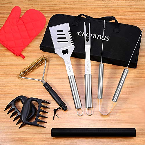 esonmus Utensilios Barbacoa, Juego de Utensilios para Barbacoa de Acero Inoxidable Kit 8 Piezas, Incluido Estera Barbacoa y Carne de Garras 1 par, Premium Completo Barbacoa de Exterior Kit