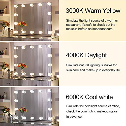 Espejo Chende Hollywood con luz, espejo de maquillaje con iluminación grande para montaje en pared, espejo profesional sin marco iluminado con 3 colores para tocador (80 x 60 cm)