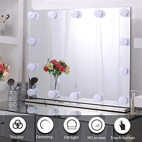 Espejo Chende Hollywood con luz, espejo de maquillaje con iluminación grande para montaje en pared, espejo profesional sin marco iluminado con 3 colores para tocador (80 x 60 cm)