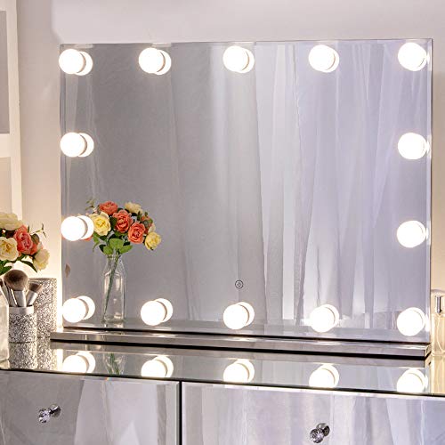 Espejo Chende Hollywood con luz, espejo de maquillaje con iluminación grande para montaje en pared, espejo profesional sin marco iluminado con 3 colores para tocador (80 x 60 cm)