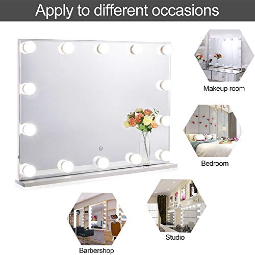 Espejo Chende Hollywood con luz, espejo de maquillaje con iluminación grande para montaje en pared, espejo profesional sin marco iluminado con 3 colores para tocador (80 x 60 cm)