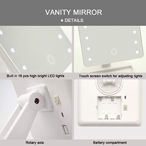 Espejo de Maquillaje con 16 Luces LED Espejo Cosmético de Escritorio Tecla Táctil Brillo Regulable 360° ​​Rotación Alimentado por Batería y USB