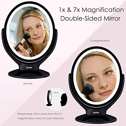 Espejo de Maquillaje de Doble Cara con Luces LED, Espejo Maquillaje de Aumento 1x/7x con Rotación de 360°, Pantalla Táctil Ajustable de Brillo, Recargable, Espejo iluminador Portátil para Viajes