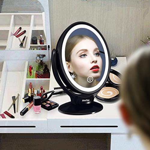 Espejo de Maquillaje de Doble Cara con Luces LED, Espejo Maquillaje de Aumento 1x/7x con Rotación de 360°, Pantalla Táctil Ajustable de Brillo, Recargable, Espejo iluminador Portátil para Viajes