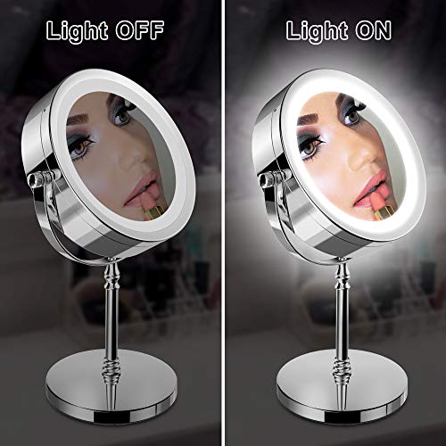 Espejo de maquillaje iluminado, NOTENS Doble cara 1x / 10x Aumento 18 Luces LED 360 Rotación 7 pulgadas Iluminado Maquillaje Espejo de vanidad con luces Acabado de acero inoxidable pulido cromo pulido