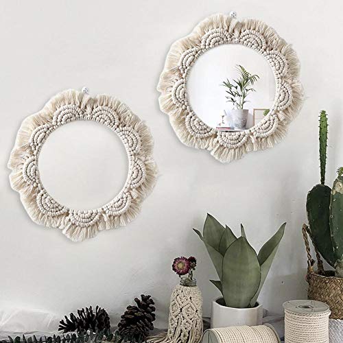 Espejo de pared colgante de macramé con espejo decorativo redondo redondo con flecos de Boho para la decoración de la sala de estar del dormitorio del apartamento
