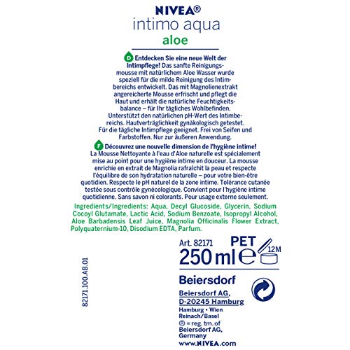 Espuma limpiadora Nivea Intimo Aqua Aloe en paquete de 3 unidades (3 x 250 ml), espuma para el cuidado íntimo, suave espuma de limpieza con aloe agua y extracto de magnolia.