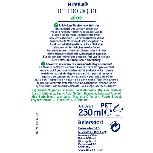 Espuma limpiadora Nivea Intimo Aqua Aloe en paquete de 3 unidades (3 x 250 ml), espuma para el cuidado íntimo, suave espuma de limpieza con aloe agua y extracto de magnolia.
