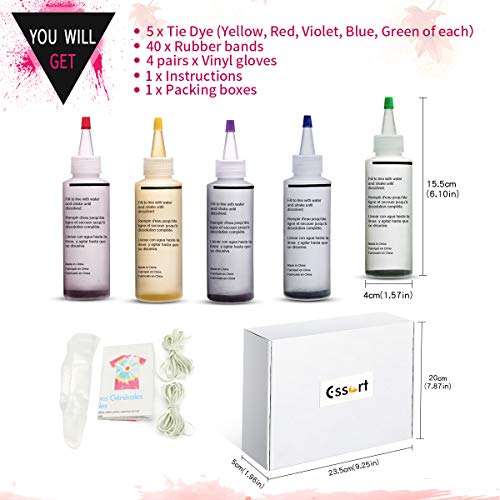 Essort Tie-Dye Kit Tinte para Ropa 5 Colores Juego de Teñido Anudado para Niño, Tela Pinturas, Actividades del Campus, Enviar Guantes y Gomas