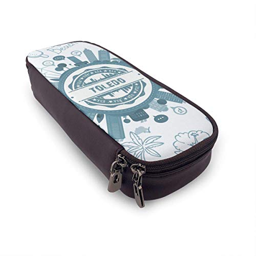 Estuche de lápices de cuero de alta capacidad de Toledo Ohio, soporte de papelería de bolígrafo grande Organizador de caja de bolsa de almacenamiento grande