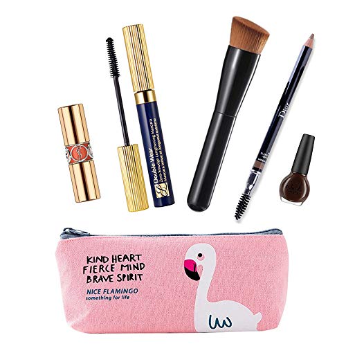 Estuche de lona para lápices de 7 piezas con cremallera pequeña bolsa de cosméticos para lápiz de labios, cejas, pinceles de maquillaje, cactus de flamenco, bolsa de almacenamiento para estudiantes, n