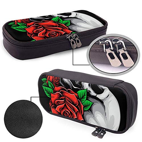 Estuche Escolar de Gran Capacidad, Bolsa de Lápiz Organizador para Material Papelería con Cremallera Doble Muerto de calavera con flores rosas para Hombre Mujer Estudiante en Escuela Oficina
