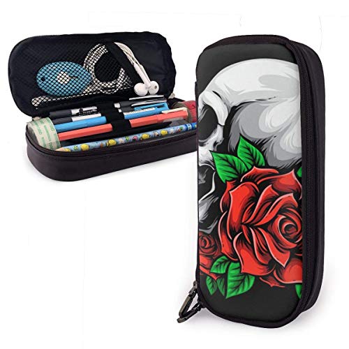 Estuche Escolar de Gran Capacidad, Bolsa de Lápiz Organizador para Material Papelería con Cremallera Doble Muerto de calavera con flores rosas para Hombre Mujer Estudiante en Escuela Oficina