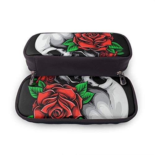 Estuche Escolar de Gran Capacidad, Bolsa de Lápiz Organizador para Material Papelería con Cremallera Doble Muerto de calavera con flores rosas para Hombre Mujer Estudiante en Escuela Oficina