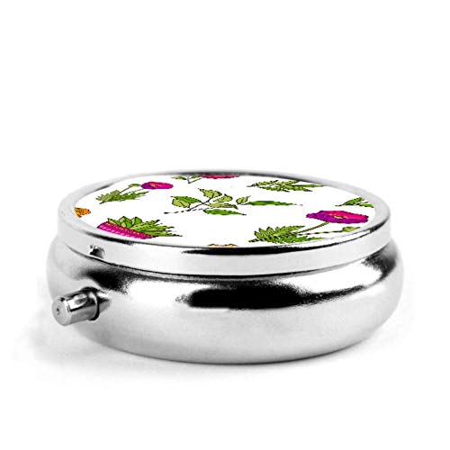 Estuche organizador de pastillas, elementos florales dibujados a mano Vector pastillero portátil Recipiente pequeño para pastillas para bolso o bolsillo, pastillero redondo