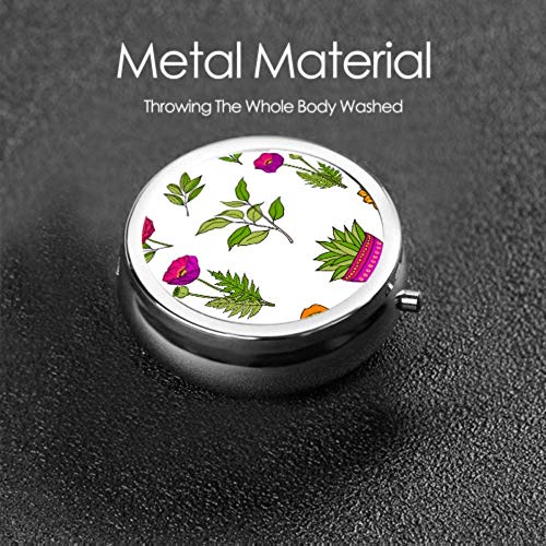 Estuche organizador de pastillas, elementos florales dibujados a mano Vector pastillero portátil Recipiente pequeño para pastillas para bolso o bolsillo, pastillero redondo