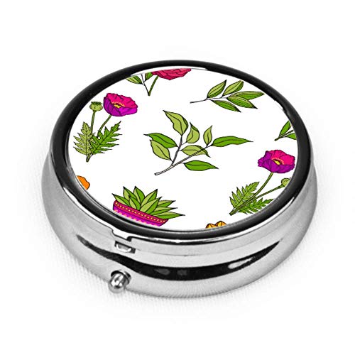 Estuche organizador de pastillas, elementos florales dibujados a mano Vector pastillero portátil Recipiente pequeño para pastillas para bolso o bolsillo, pastillero redondo
