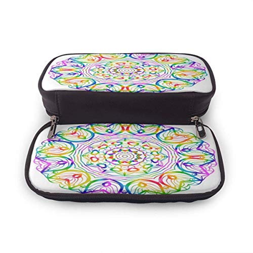 Estuche para lápices de cuero con mandala étnica de henna de color arcoíris, estuche para cosméticos de gran capacidad, estuche para bolígrafos con cremallera