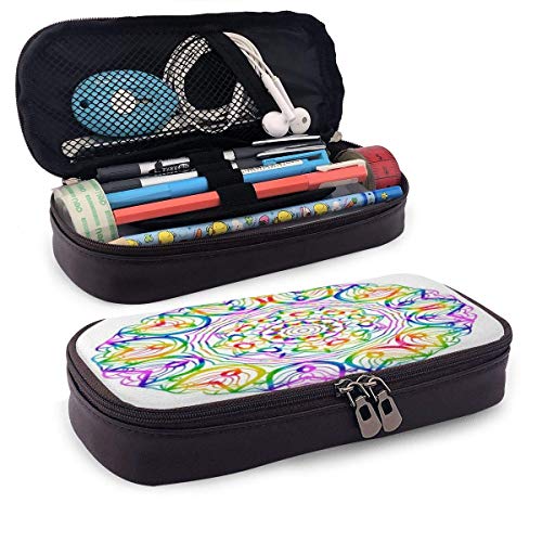 Estuche para lápices de cuero con mandala étnica de henna de color arcoíris, estuche para cosméticos de gran capacidad, estuche para bolígrafos con cremallera