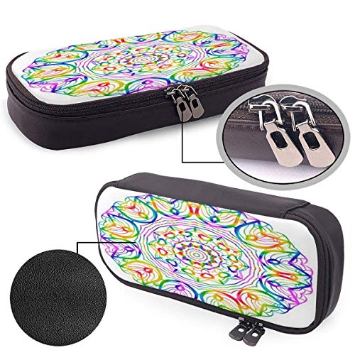Estuche para lápices de cuero con mandala étnica de henna de color arcoíris, estuche para cosméticos de gran capacidad, estuche para bolígrafos con cremallera