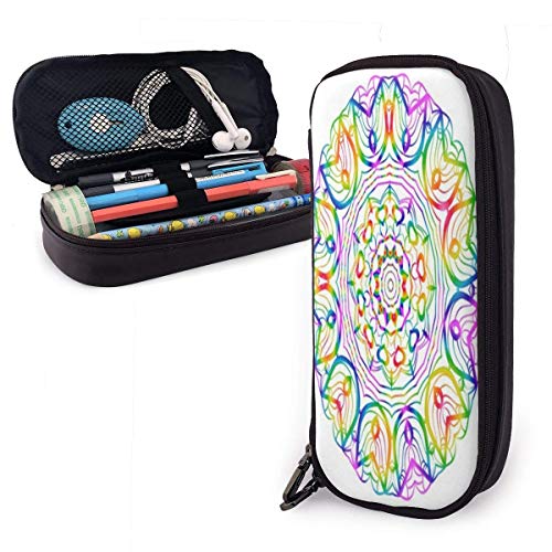 Estuche para lápices de cuero con mandala étnica de henna de color arcoíris, estuche para cosméticos de gran capacidad, estuche para bolígrafos con cremallera