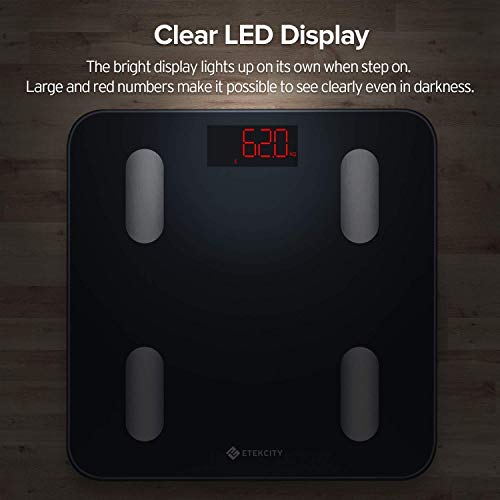 ETEKCITY Báscula Grasa Corporal Bluetooth, Báscula de Baño Digital, Peso Corporal Inteligente con Pantalla Super Grande (300*300*25 mm), para iOS y Android, Pantalla LED, 180 kg, Negro ESF24