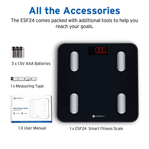 ETEKCITY Báscula Grasa Corporal Bluetooth, Báscula de Baño Digital, Peso Corporal Inteligente con Pantalla Super Grande (300*300*25 mm), para iOS y Android, Pantalla LED, 180 kg, Negro ESF24