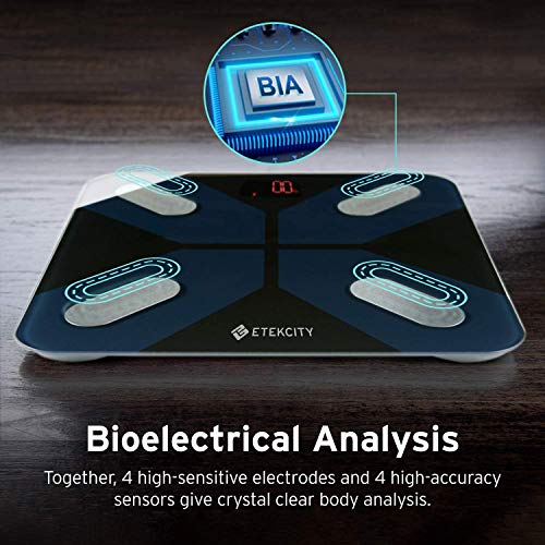 ETEKCITY Báscula Grasa Corporal Bluetooth, Pantalla LED Super Grande, Peso Corporal Inteligente, Medición de Alta Precisión el Porcentaje de Grasa Crporal, para iOS y Android, 180 kg, ESF18