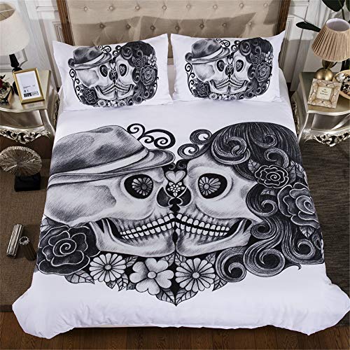 EU-VV Funda Nórdica Juego De Cama Suave Transpirable Poliéster-Algodón Calavera Pareja 1 Funda Nórdica + 2 Fundas De Almohada 48X74cm ((180x220 cm)-Cama de 105/135,Beso)