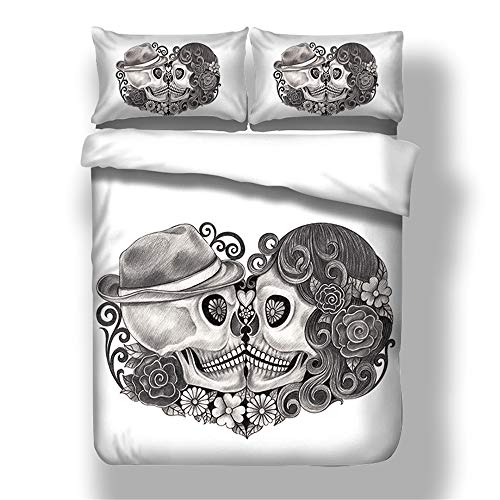 EU-VV Funda Nórdica Juego De Cama Suave Transpirable Poliéster-Algodón Calavera Pareja 1 Funda Nórdica + 2 Fundas De Almohada 48X74cm ((180x220 cm)-Cama de 105/135,Beso)