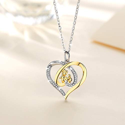 Eudora Amor de Madre Plata de Ley 925 Joyería Zirconia cúbica Chapado en Oro Colgante de corazón Collar con Cadena de 18"