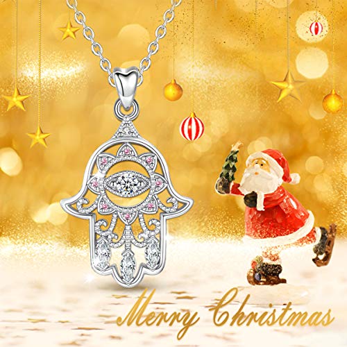 EUDORA Collares Mujer Plata de Ley 925 Aojo Mano de Hamsa Fátima Mal de Ojo Buena Suerte Claro CZ Vendimia Colgante Joyería Bisuteria para Mujer, Cadena de 18"