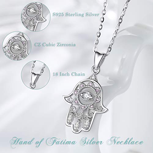 EUDORA Collares Mujer Plata de Ley 925 Aojo Mano de Hamsa Fátima Mal de Ojo Buena Suerte Claro CZ Vendimia Colgante Joyería Bisuteria para Mujer, Cadena de 18"