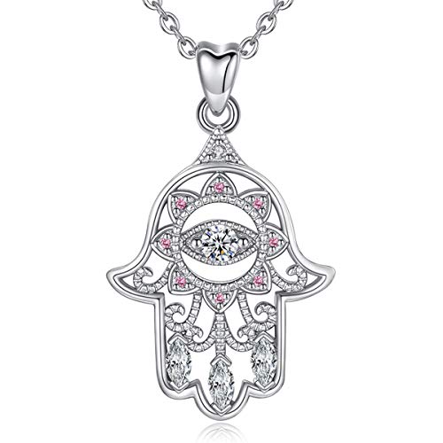 EUDORA Collares Mujer Plata de Ley 925 Aojo Mano de Hamsa Fátima Mal de Ojo Buena Suerte Claro CZ Vendimia Colgante Joyería Bisuteria para Mujer, Cadena de 18"