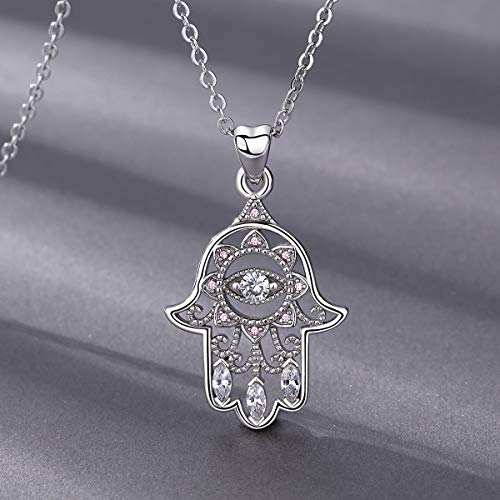 EUDORA Collares Mujer Plata de Ley 925 Aojo Mano de Hamsa Fátima Mal de Ojo Buena Suerte Claro CZ Vendimia Colgante Joyería Bisuteria para Mujer, Cadena de 18"