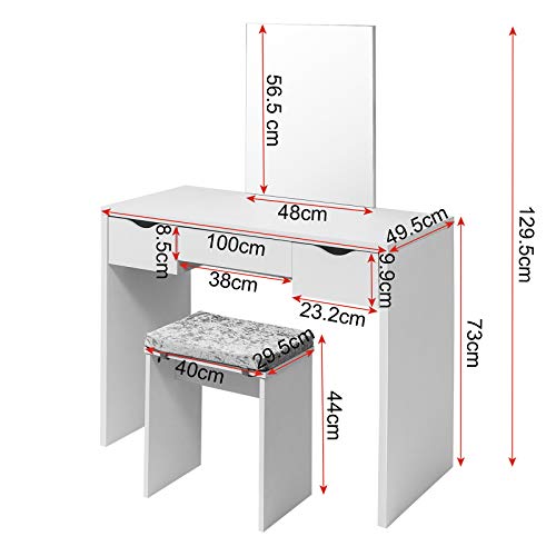 EUGAD Juego Mesa de Tocador con Taburete Tocador Moderno Escritorio con Espejo Mesa de Maquillaje con 3 Cajones Madera 100x49,5x129,5cm Blanco 0011SZT