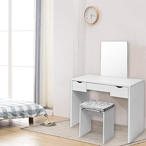 EUGAD Juego Mesa de Tocador con Taburete Tocador Moderno Escritorio con Espejo Mesa de Maquillaje con 3 Cajones Madera 100x49,5x129,5cm Blanco 0011SZT