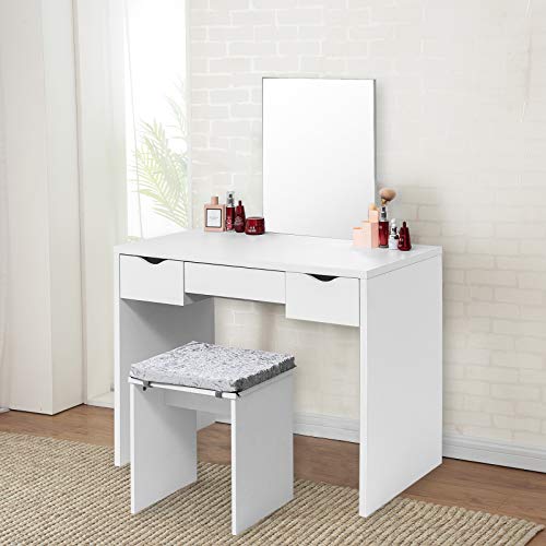 EUGAD Juego Mesa de Tocador con Taburete Tocador Moderno Escritorio con Espejo Mesa de Maquillaje con 3 Cajones Madera 100x49,5x129,5cm Blanco 0011SZT