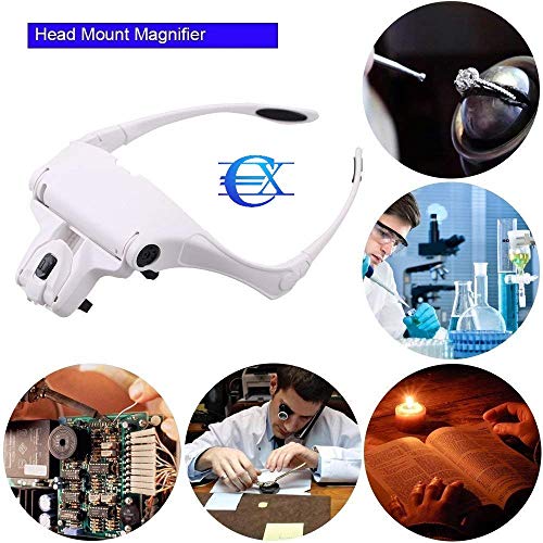 EUROXANTY®- Lupa Gafas con 2 luz LED Lupas Gran Aumento Perfecto para Leer, Extensiones de Pestañas, Reparación de Joyería, Gafas Lupa Visera, 5 Lentes Intercambiable 1X,1.5X,2X,2.5X,3X,3.5X